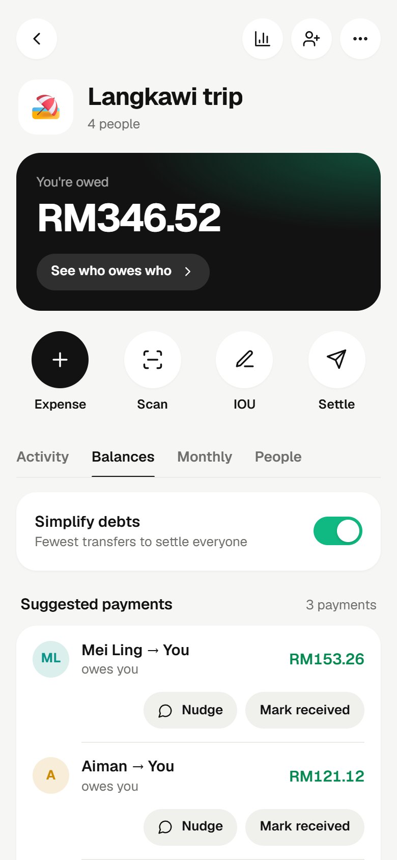 SplitLah balances screen showing who owes who