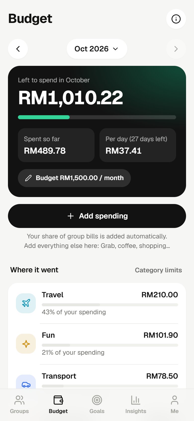 SplitLah monthly budget screen
