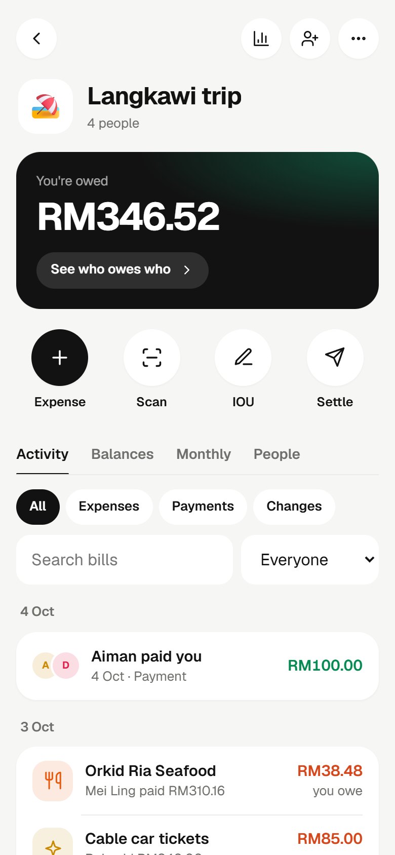 SplitLah group activity feed