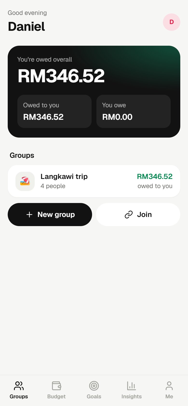 SplitLah home screen with balances across groups